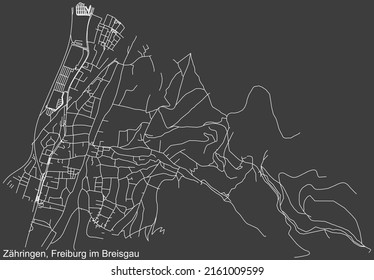 Detailed negative navigation white lines urban street roads map of the ZÄHRINGEN DISTRICT of the German regional capital city of Freiburg im Breisgau, Germany on dark gray background