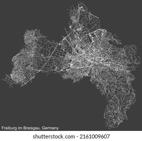 Detailed negative navigation white lines urban street roads map of the German regional capital city of FREIBURG IM BREISGAU, GERMANY on dark gray background