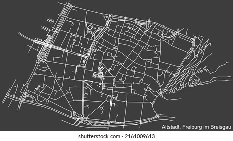 Detailed negative navigation white lines urban street roads map of the ALTSTADT DISTRICT of the German regional capital city of Freiburg im Breisgau, Germany on dark gray background