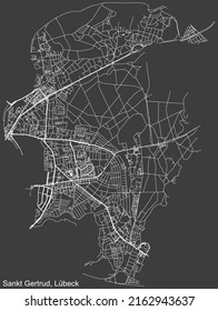 Detailed negative navigation white lines urban street roads map of the ST. GERTRUD DISTRICT of the German regional capital city of Lübeck, Germany on dark gray background