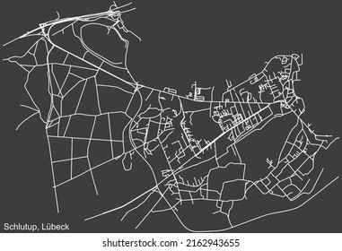 Detaillierte Negativnavigation mit weißen Linien Stadtstraßen Karte des SCHLUTUP DISTRICT der deutschen Landeshauptstadt Lübeck auf dunkelgrauem Hintergrund