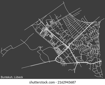 Detaillierte Negativnavigation mit weißen Linien Stadtstraßen Karte des BUNTEKUH DISTRICT der deutschen Landeshauptstadt Lübeck auf dunkelgrauem Hintergrund