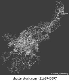 Detailed negative navigation white lines urban street roads map of the German regional capital city of LÜBECK, GERMANY on dark gray background