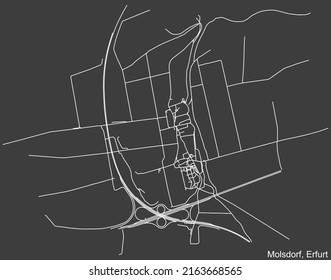 Detailed negative navigation white lines urban street roads map of the MOLSDORF DISTRICT of the German regional capital city of Erfurt, Germany on dark gray background
