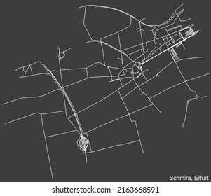 Mapa detallado negativo de las líneas blancas de navegación en las calles urbanas del DISTRITO SCHMIRA de la capital regional alemana de Erfurt, Alemania sobre fondo gris oscuro