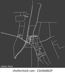 Mapa detallado negativo de las líneas blancas de navegación en las calles urbanas del DISTRITO URBICH de la capital regional alemana de Erfurt, Alemania sobre fondo gris oscuro