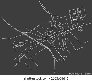 Detailed negative navigation white lines urban street roads map of the KÜHNHAUSEN DISTRICT of the German regional capital city of Erfurt, Germany on dark gray background