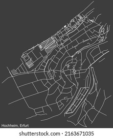 Detailed negative navigation white lines urban street roads map of the HOCHHEIM DISTRICT of the German regional capital city of Erfurt, Germany on dark gray background