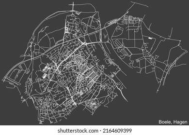 Mapa detallado negativo de las líneas blancas de navegación en las calles urbanas del BOROUGH de BOELE de la capital regional alemana de Hagen, Alemania sobre fondo gris oscuro