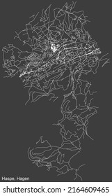 Mapa detallado negativo de líneas blancas de navegación en las calles urbanas del DISTRITO HASPE de la capital regional alemana de Hagen, Alemania sobre fondo gris oscuro