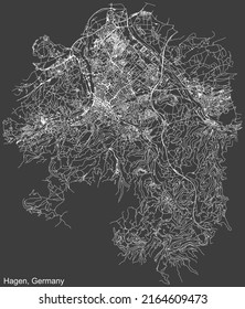 Detailed negative navigation white lines urban street roads map of the German regional capital city of HAGEN, GERMANY on dark gray background