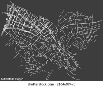 Detailed negative navigation white lines urban street roads map of the MITTELSTADT BOROUGH of the German regional capital city of Hagen, Germany on dark gray background