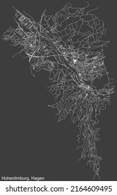 Detailed negative navigation white lines urban street roads map of the HOHENLIMBURG DISTRICT of the German regional capital city of Hagen, Germany on dark gray background