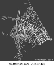 Mapa detallado negativo de líneas blancas de navegación en las calles urbanas del DISTRITO REUTERSHAGEN de la capital regional alemana de Rostock, Alemania sobre fondo gris oscuro