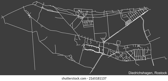 Detailed negative navigation white lines urban street roads map of the DIEDRICHSHAGEN DISTRICT of the German regional capital city of Rostock, Germany on dark gray background