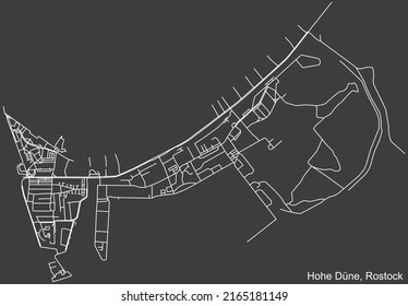 Detaillierte Negativnavigation mit weißen Linien Stadtstraßen Karte des HOHE DÜNE DISTRICT der deutschen Landeshauptstadt Rostock auf dunkelgrauem Hintergrund