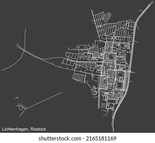 Detailed negative navigation white lines urban street roads map of the LICHTENHAGEN DISTRICT of the German regional capital city of Rostock, Germany on dark gray background