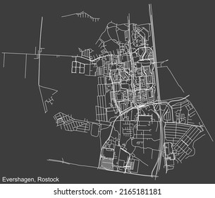 Detaillierte Negativnavigation mit weißen Linien Stadtstraßen Karte des EVERSHAGEN DISTRICT der deutschen Hauptstadt Rostock auf dunkelgrauem Hintergrund