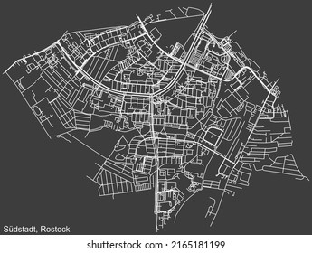 Detailed negative navigation white lines urban street roads map of the SÜDSTADT DISTRICT of the German regional capital city of Rostock, Germany on dark gray background