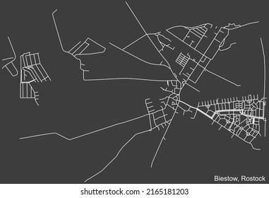 Detailed negative navigation white lines urban street roads map of the BIESTOW DISTRICT of the German regional capital city of Rostock, Germany on dark gray background