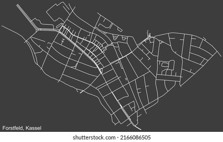Mapa detallado negativo de líneas blancas de navegación en las calles urbanas del DISTRITO FORSTFELD de la capital regional alemana de Kassel, Alemania sobre fondo gris oscuro