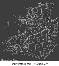 Detailed negative navigation white lines urban street roads map of the OBERZWEHREN DISTRICT of the German regional capital city of Kassel, Germany on dark gray background