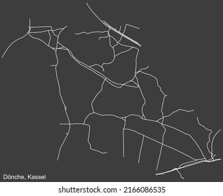 Mapa detallado negativo de las líneas blancas de navegación en las calles urbanas del DISTRITO DÖNCHE de la capital regional alemana de Kassel, Alemania sobre fondo gris oscuro