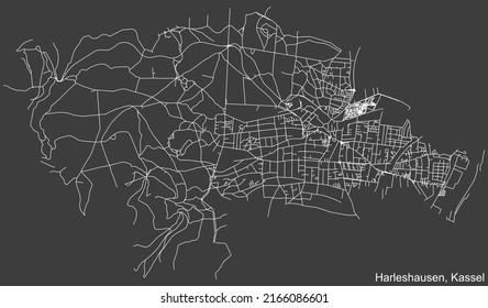 Detailed negative navigation white lines urban street roads map of the HARLESHAUSEN DISTRICT of the German regional capital city of Kassel, Germany on dark gray background