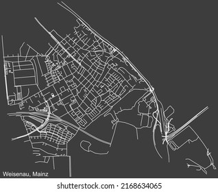 Detailed negative navigation white lines urban street roads map of the WEISENAU DISTRICT of the German regional capital city of Mainz, Germany on dark gray background