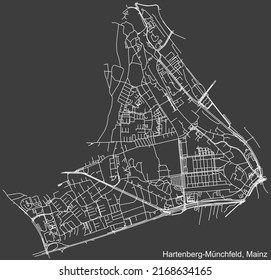 Detailed negative navigation white lines urban street roads map of the HARTENBERG-MÜNCHFELD DISTRICT of the German regional capital city of Mainz, Germany on dark gray background