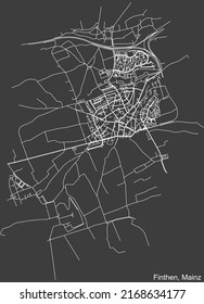 Detailed negative navigation white lines urban street roads map of the FINTHEN DISTRICT of the German regional capital city of Mainz, Germany on dark gray background