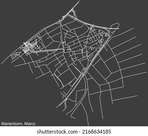 Mapa detallado negativo de las líneas blancas de navegación en las calles urbanas del DISTRITO MARIENBORN de la capital regional alemana de Mainz, Alemania sobre fondo gris oscuro