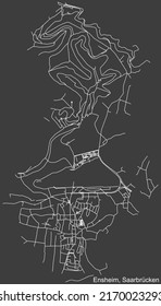 Detailed negative navigation white lines urban street roads map of the ENSHEIM DISTRICT of the German regional capital city of Saarbrucken, Germany on dark gray background