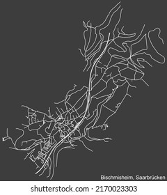 Detailed negative navigation white lines urban street roads map of the BISCHMISHEIM DISTRICT of the German regional capital city of Saarbrucken, Germany on dark gray background