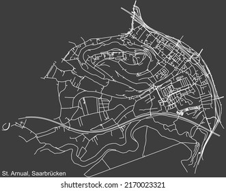 Detailed negative navigation white lines urban street roads map of the SANKT ARNUAL DISTRICT of the German regional capital city of Saarbrucken, Germany on dark gray background