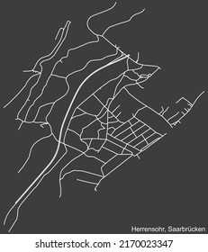 Detailed negative navigation white lines urban street roads map of the HERRENSOHR DISTRICT of the German regional capital city of Saarbrucken, Germany on dark gray background