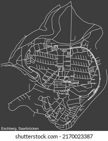 Detaillierte Negativnavigation mit weißen Linien Stadtstraßen Karte des ESCHBERG DISTRICT der deutschen Landeshauptstadt Saarbrucken auf dunkelgrauem Hintergrund