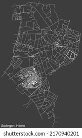 Detailed negative navigation white lines urban street roads map of the SODINGEN DISTRICT of the German regional capital city of Herne, Germany on dark gray background