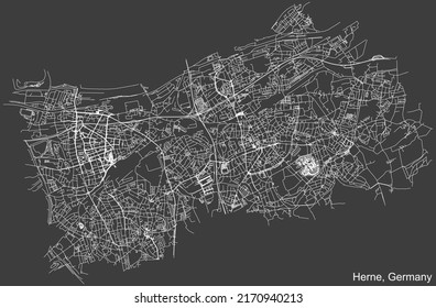 Detailed negative navigation white lines urban street roads map of the German regional city of HERNE, GERMANY on dark gray background
