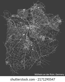 Detailed negative navigation white lines urban street roads map of the German regional city of MÜLHEIM AN DER RUHR, GERMANY on dark gray background