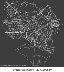 Detailed negative navigation white lines urban street roads map of the HEISSEN DISTRICT of the German regional city of Mulheim an der Ruhr, Germany on dark gray background