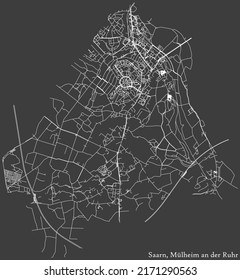 Detailed negative navigation white lines urban street roads map of the SAARN DISTRICT of the German regional city of Mulheim an der Ruhr, Germany on dark gray background