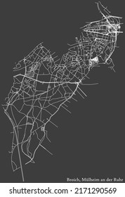 Detailed negative navigation white lines urban street roads map of the BROICH DISTRICT of the German regional city of Mulheim an der Ruhr, Germany on dark gray background