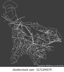 Detailed negative navigation white lines urban street roads map of the SPELDORF DISTRICT of the German regional city of Mulheim an der Ruhr, Germany on dark gray background