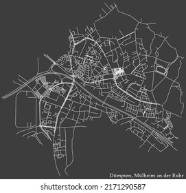 Detailed negative navigation white lines urban street roads map of the DÜMPTEN DISTRICT of the German regional city of Mulheim an der Ruhr, Germany on dark gray background