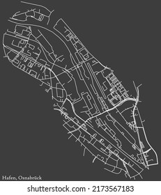 Detaillierte Karte der HAFEN DISTRICT der deutschen Landeshauptstadt Osnabrück auf dunkelgrauem Hintergrund mit Negativnavigationslinien auf Stadtstraßen