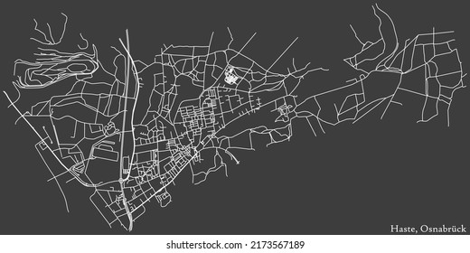 Detailed negative navigation white lines urban street roads map of the HASTE DISTRICT of the German regional capital city of Osnabrück, Germany on dark gray background