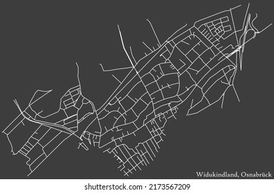 Detailed negative navigation white lines urban street roads map of the WIDUKINDLAND DISTRICT of the German regional capital city of Osnabrück, Germany on dark gray background