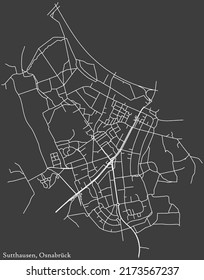 Detailed negative navigation white lines urban street roads map of the SUTTHAUSEN DISTRICT of the German regional capital city of Osnabrück, Germany on dark gray background