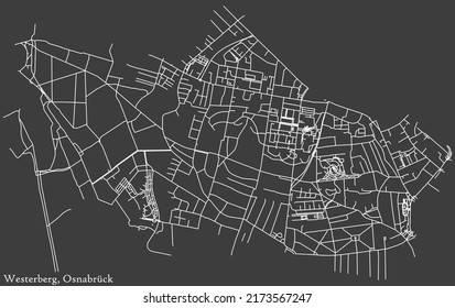 Mapa detallado negativo de las líneas blancas de navegación en las calles urbanas del DISTRITO WESTERBERG de la capital regional alemana de Osnabrück, Alemania sobre fondo gris oscuro